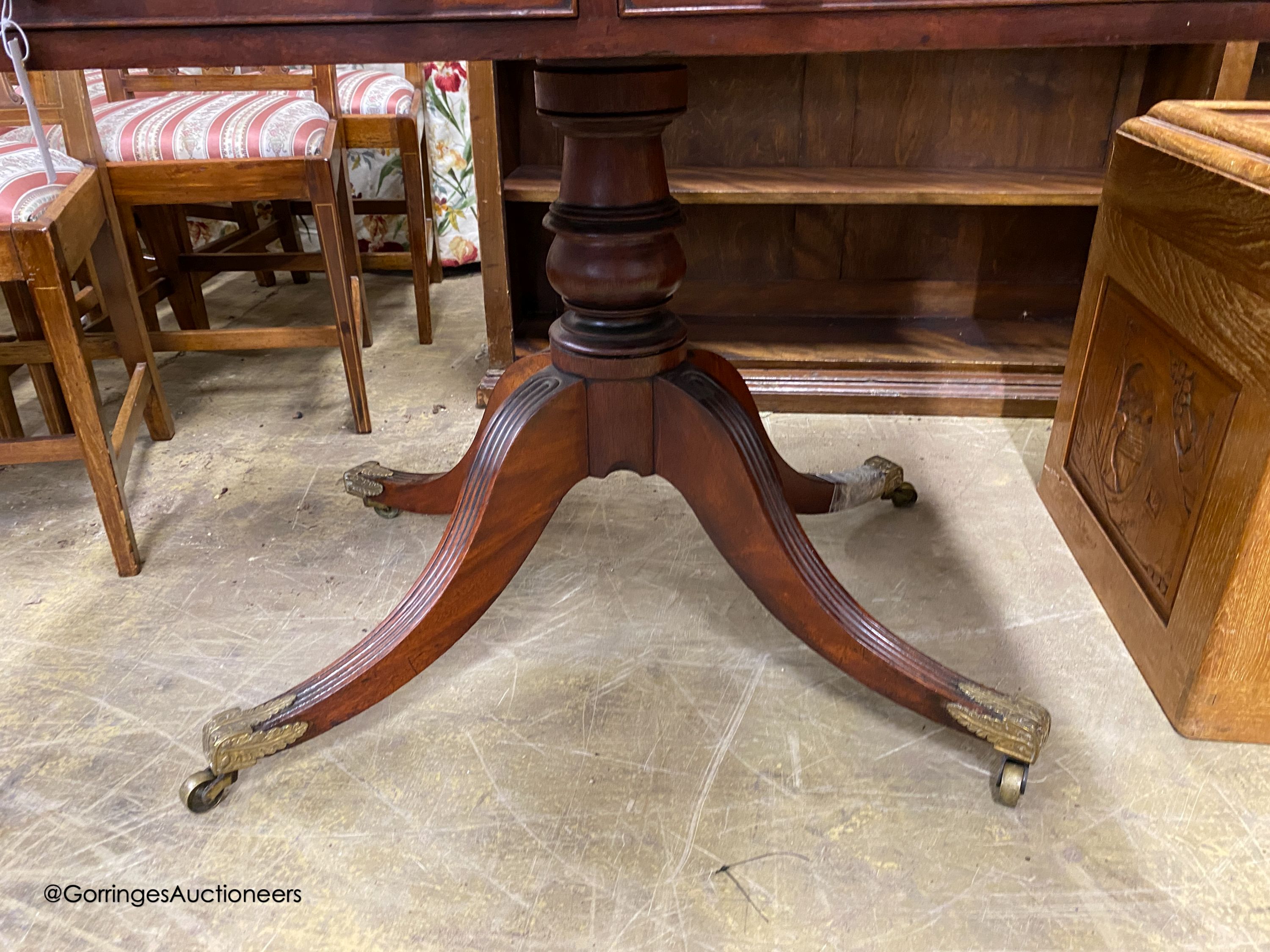 A Regency mahogany two drawer centre table, width 89cm, depth 68cm, height 72cm